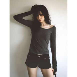 韩国设计师bad 现 2026春季 新款 T恤 lue休闲拼色露肩套指长袖