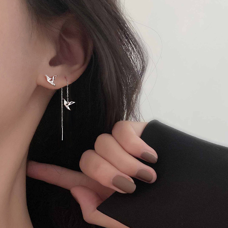 s999纯银耳环女新款轻奢小众千纸鹤耳钉镶嵌耳坠感流苏耳线耳饰品