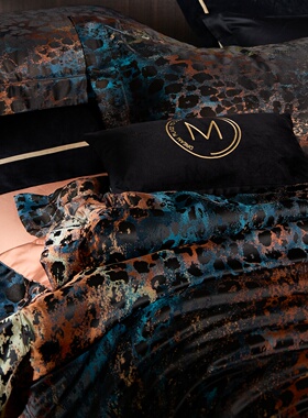 现代风豹纹160S锦缎长绒棉四件套亲肤透气卧室床品套件高端床盖款