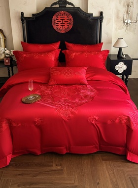 LOOPS LOVE高端婚庆160S长绒棉四件套高级感刺绣结婚被套红色床单