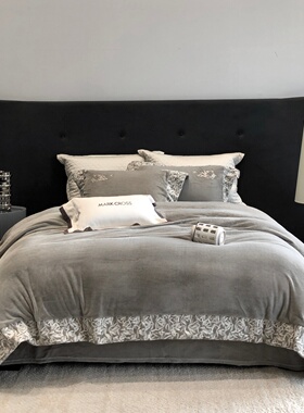 高端法式极简刺绣床品熊极绒四件套冬季保暖加厚毛绒灰色套件床品