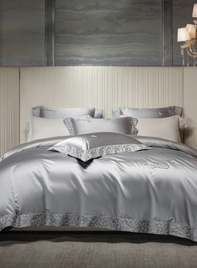 LOOPS LOVE轻奢高级感160S长绒棉四件套灰色刺绣花边高档床品套件