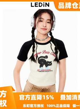 【商场同款】乐町春季新款字母猫咪图案插肩短袖T恤C2CNE3112