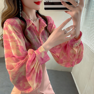 女夏显瘦高级感雪纺上衣 衬衣粉色独特别致印花衬衫 法式 洋气灯笼袖
