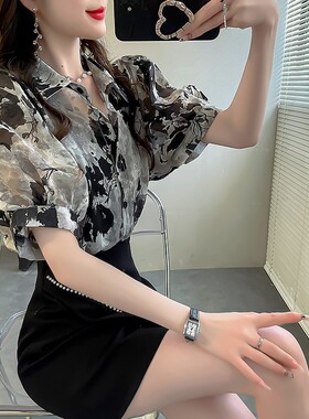 夏季轻奢刺绣缇花衬衫女设计感小众短袖衬衣宽松泡泡袖雪纺上衣仙