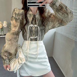 衬衣女独特高级感雪纺上衣 泡泡袖 新中式 轻国风夏盘扣设计小众衬衫