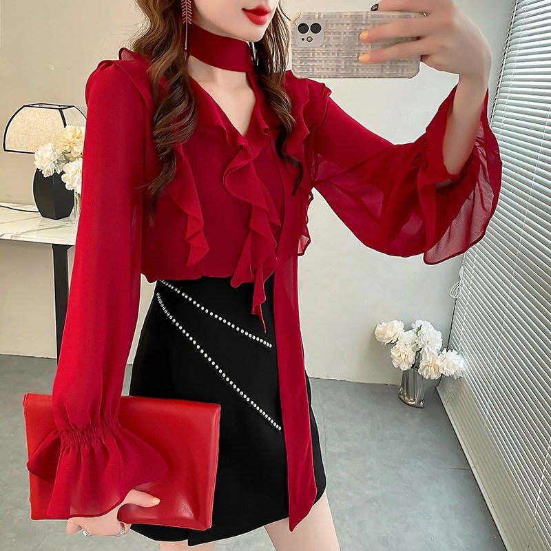 红色秋装名媛系脖带V领衬衫上衣女宽松洋气荷叶边雪纺长袖衬衣仙