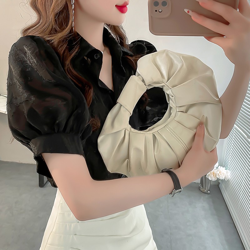 显白韩版黑色雪纺短袖女衬衫上衣气质名媛刺绣缇花泡泡袖夏装衬衣