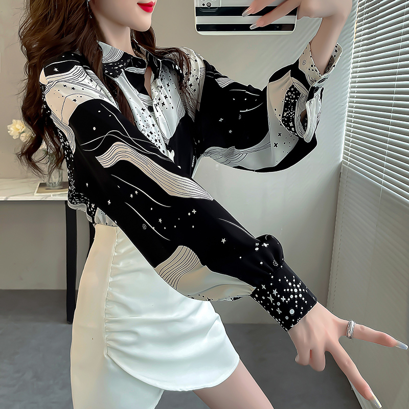 春装中长款星星印花上衣韩版花衬衣女宽松大码衬衫高级感雪纺衫潮