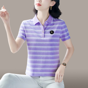 361纯棉条纹翻领短袖t恤女夏2024新款女士百搭休闲运动polo衫上衣