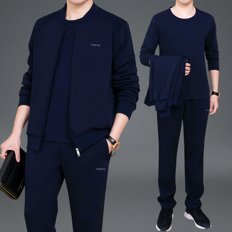 2025春秋冬季男士运动套装爸爸装卫衣休闲运动服中老年纯棉三件套