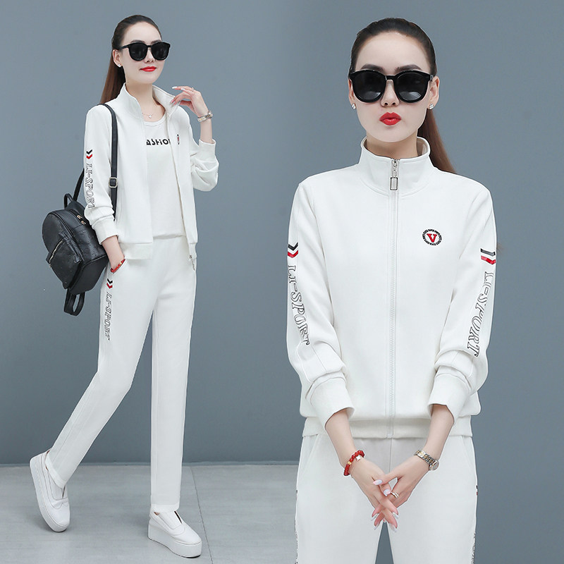 运动套装女2025春秋季新款纯棉时尚大码宽松休闲团队跑步服三件套