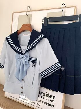 抚蝶女子晴空蓝夏水手服JK制服裙长短袖套装女学生学院风两件套