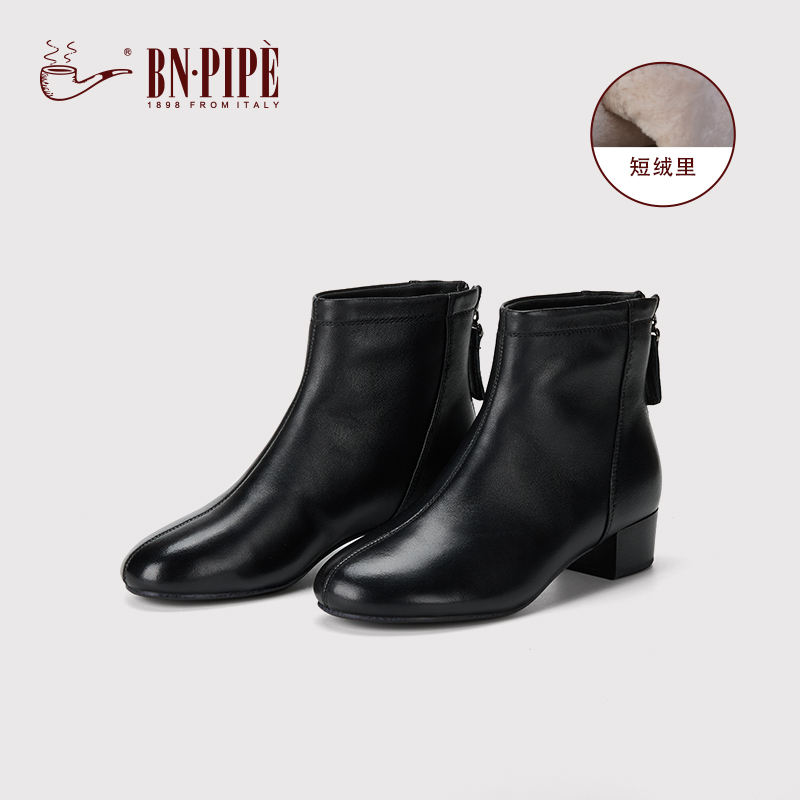 百年烟斗黑色加绒羊皮粗跟靴子女