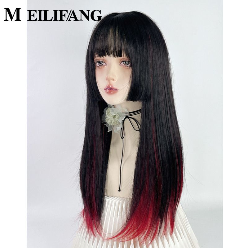 公主切假发全头套女长直发黑红挑染挂耳染姬发lolita哥特亚比y2k
