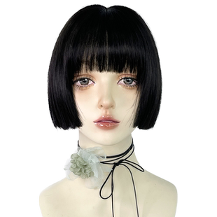 美立方黑色一刀切短发假发全头套bobo头短直发波波cos妹妹头发型