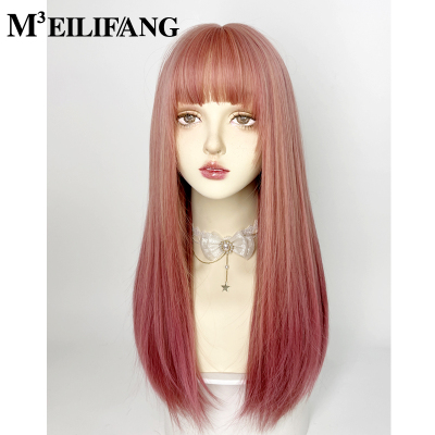 taobao agent Pink wig full set female group chief hair color y2k gold powder dyeing gradient hanging ear dye lolita long straight hair