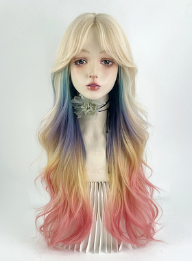彩虹色假发全头套女白金色渐变蓝色紫色粉女团大波浪长卷发lolita