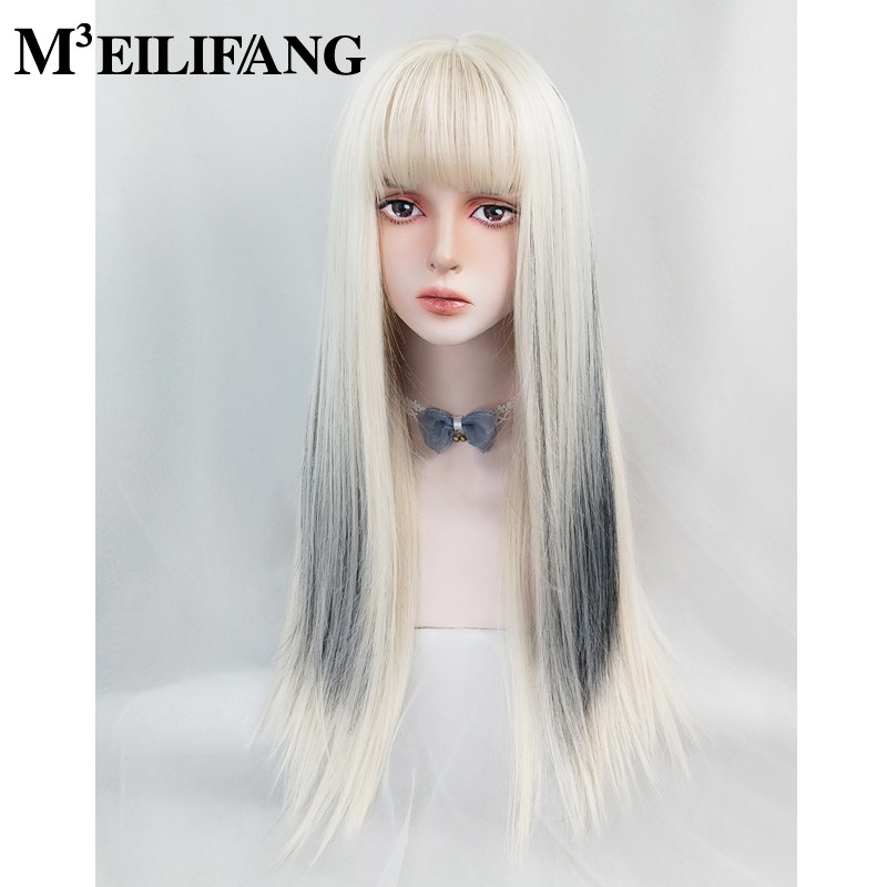 奶白金色假发挑染全头套式女渐变长直发欧美lolita女团y2k浅色潮