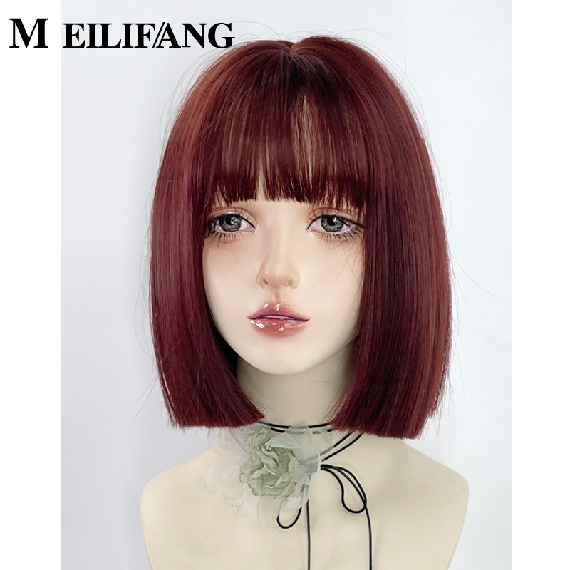 漫画一刀切短发红色波波头假发套