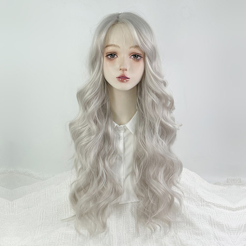 银白色假发女中侧分长卷发全头套