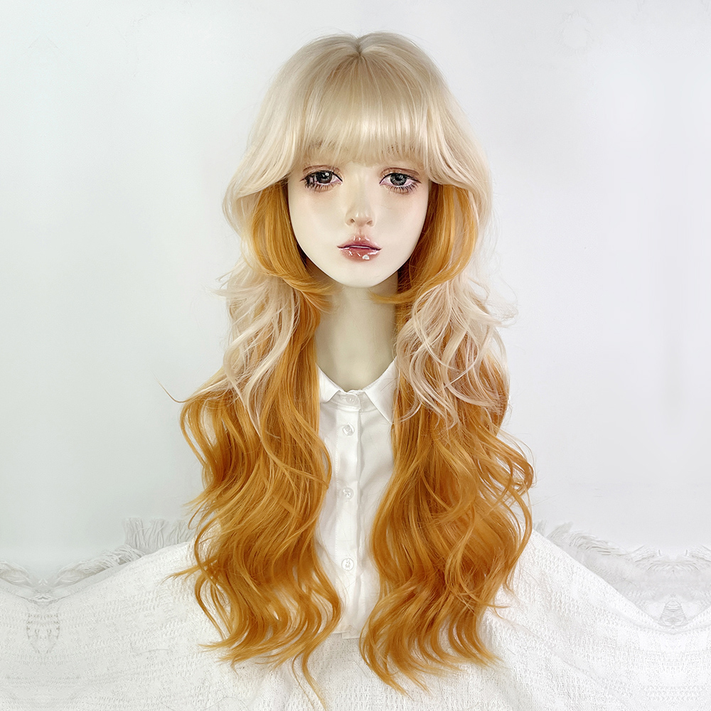 白金色渐变橘黄色长卷发挑染假发