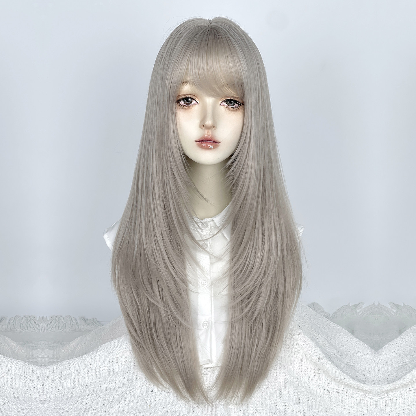Lolita灰色层次感长直发jk亚文化doll感米灰色高层次长发假发套