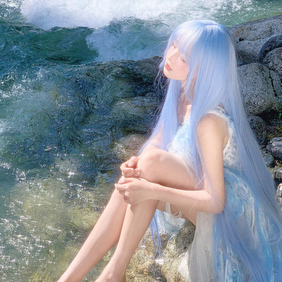 蓝色超长130CM直发1米3万用假发