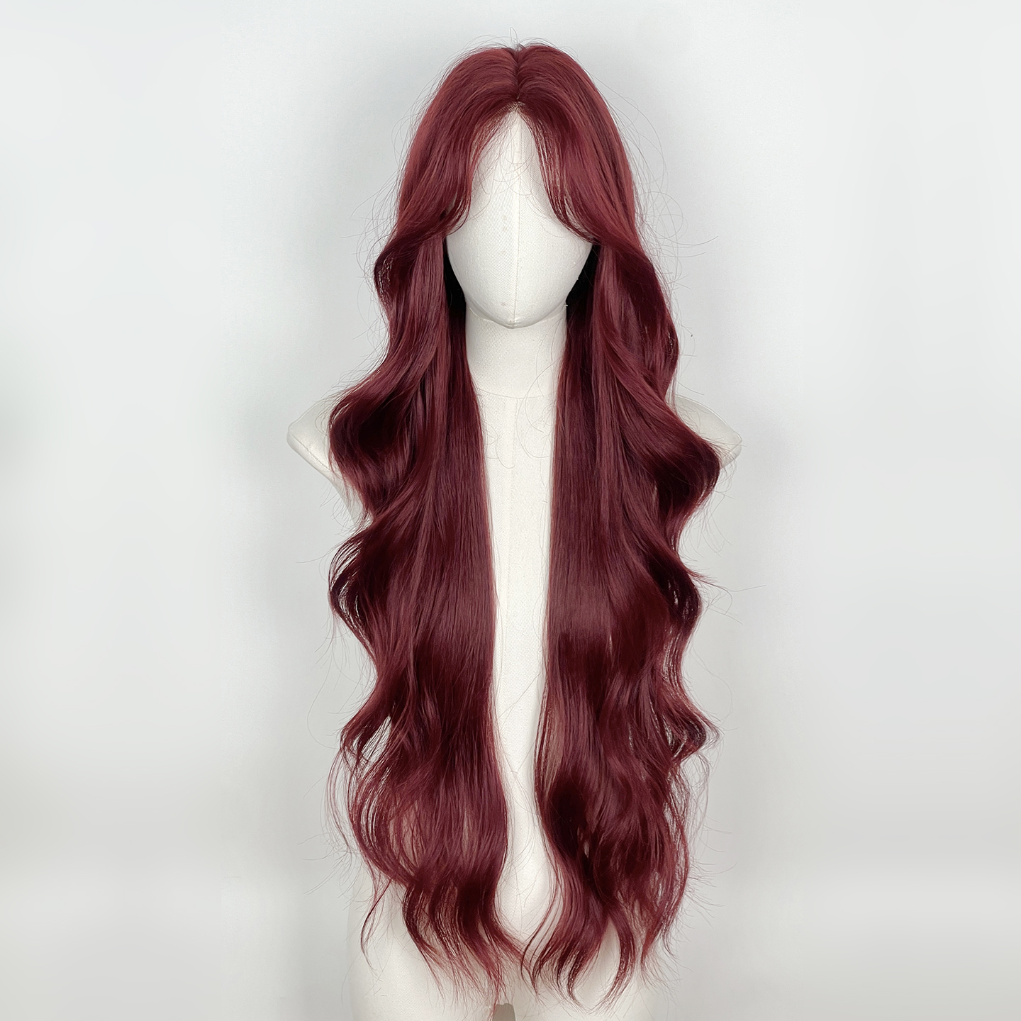 美立方红色中分蕾丝长卷发假发套