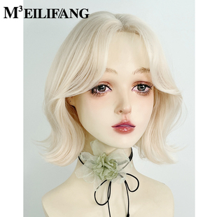 美立方白金色假发短发全头套女八字刘海韩系中分微卷翘翘头短卷发