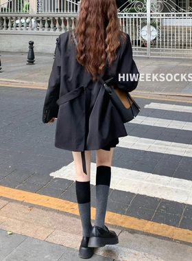 黑灰色拼接及膝袜日韩显瘦小腿袜子女中长筒过膝袜ins潮高筒袜