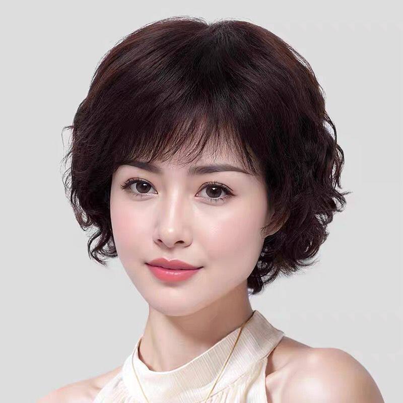 假发中老年女全头套式真发送妈妈真人发丝自然假发套女短发短卷发