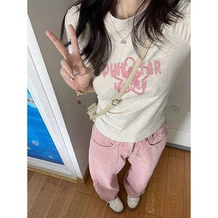 辣妹上衣女 纯棉正肩T恤收腰夏季 短袖 ins修身 显瘦甜美简约印花新款