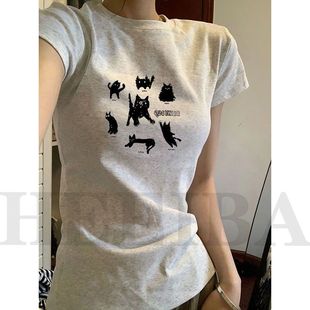 夏季 显瘦休闲百搭超好看灰色纯棉上衣 圆领辣妹正肩t恤女短袖 修身