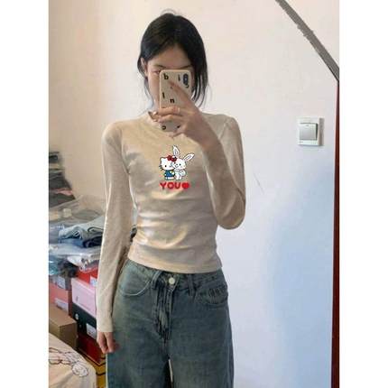 正肩长袖t恤女纯欲辣妹洋气短款秋季纯棉修身套头上衣打底衫女ins