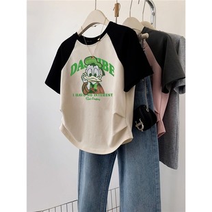 复古甜美上衣女设计感卡通印花撞色插肩短袖 夏日多巴胺穿搭 T恤