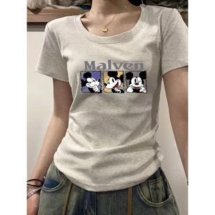 显瘦基础体恤设计小众上衣ins 纯棉夏季 正肩甜美短袖 t恤女新款 修身