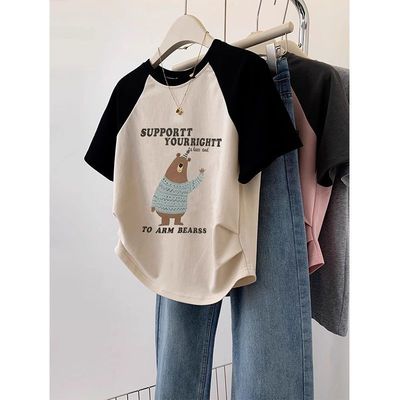 不规则小熊插肩短袖t恤女夏季夏装设计感小个子正肩短款修身上衣