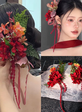 中式红色敬酒服发饰森系精致