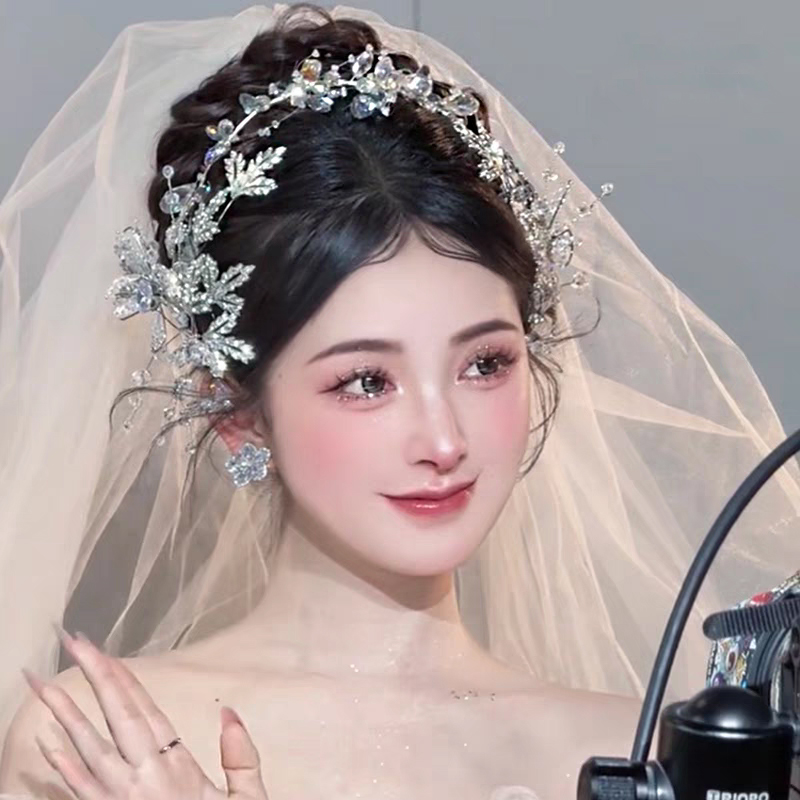 闪耀超仙甜美新娘水晶发箍套装韩式新款高级重工公主边夹婚纱头纱