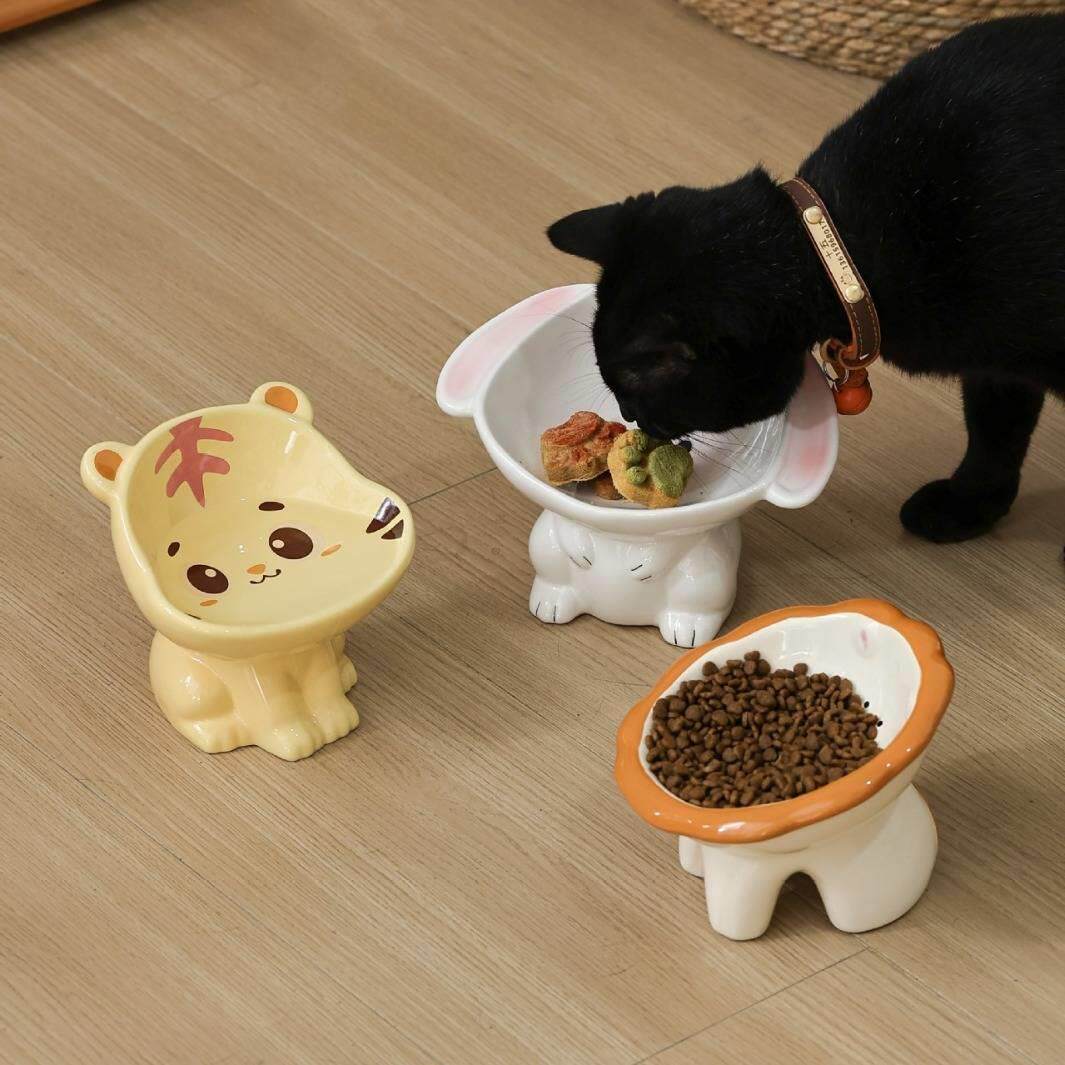 猫碗可爱动物系列陶瓷宠物喝水碗高脚护颈猫碗防黑下巴猫粮碗狗碗