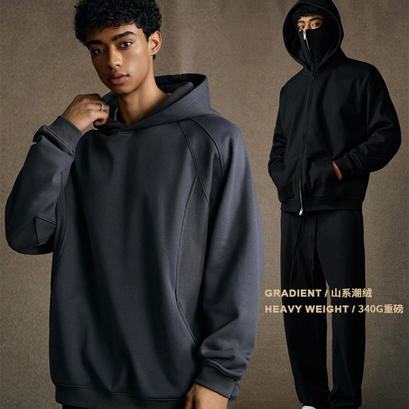 秋冬新款美式街头山系潮绒高街拼接连帽卫衣防风拉链开衫外套男款