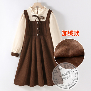 女童加绒连衣裙秋冬款大童女孩灯芯绒冬装裙子儿童冬季洋气公主裙