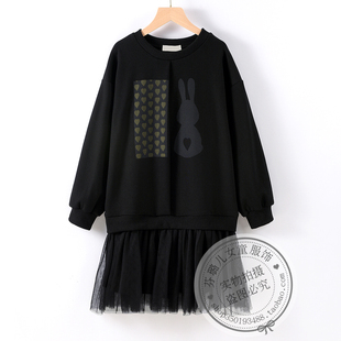 女童春装连衣裙秋款韩版黑色大童女孩假两件时尚卫衣裙子春季纱裙