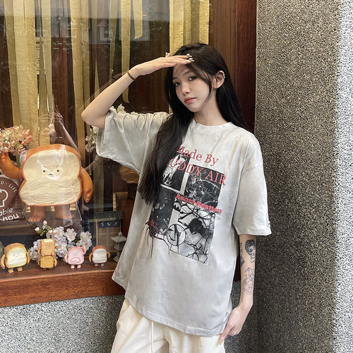 美式复古高街扎染蜘蛛短袖男女T