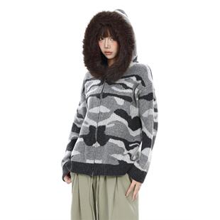 逃离地球 复古迷彩大毛领连帽针织衫女秋冬宽松拉链开衫毛衣外套