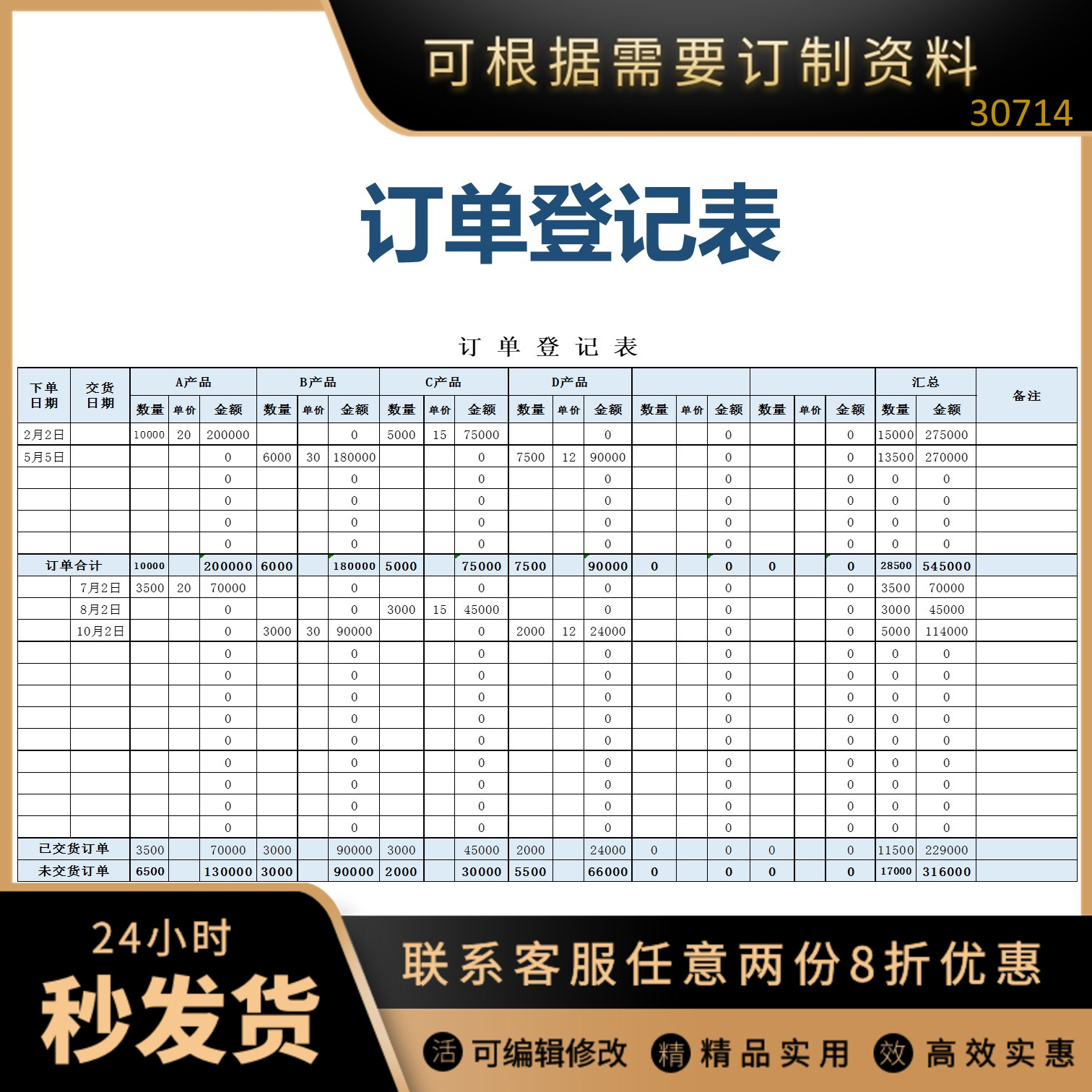 原创设计订单销售明细统计登记表客户管理汇总excel表