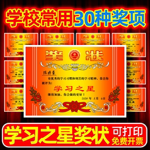 语文数学英语学习之星奖状纸A4可打印幼儿园中小学生8K全勤宝宝奖励奖状内页定制进步三好学生A3烫金荣誉证书