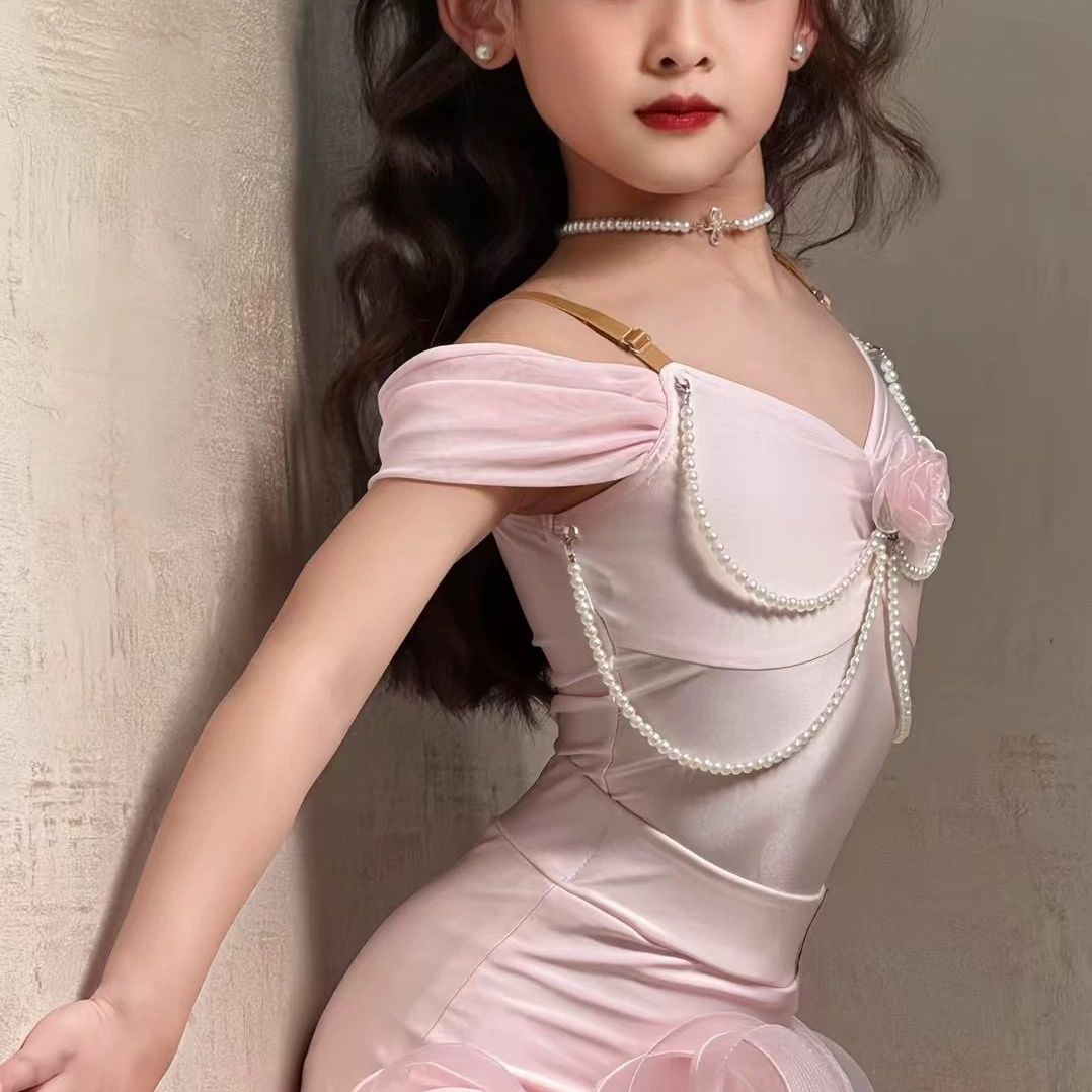 康尼舞服少儿拉丁舞可爱蓬蓬公主套装粉色无袖吊带练习服女童跳舞