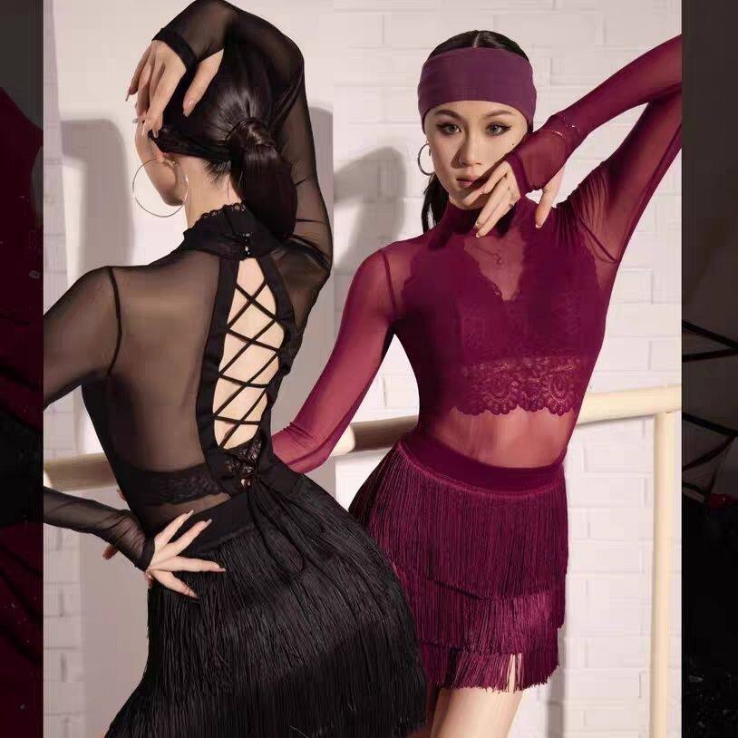 YES流苏拉丁舞上衣练功服舞衣长袖蕾丝体服两件套成人拉丁舞服